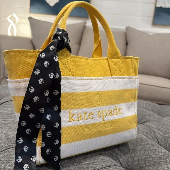 Kate Spade Bag Yellow White Striped Canvas Logo Small Tote Bag - Picture 3 of 17
